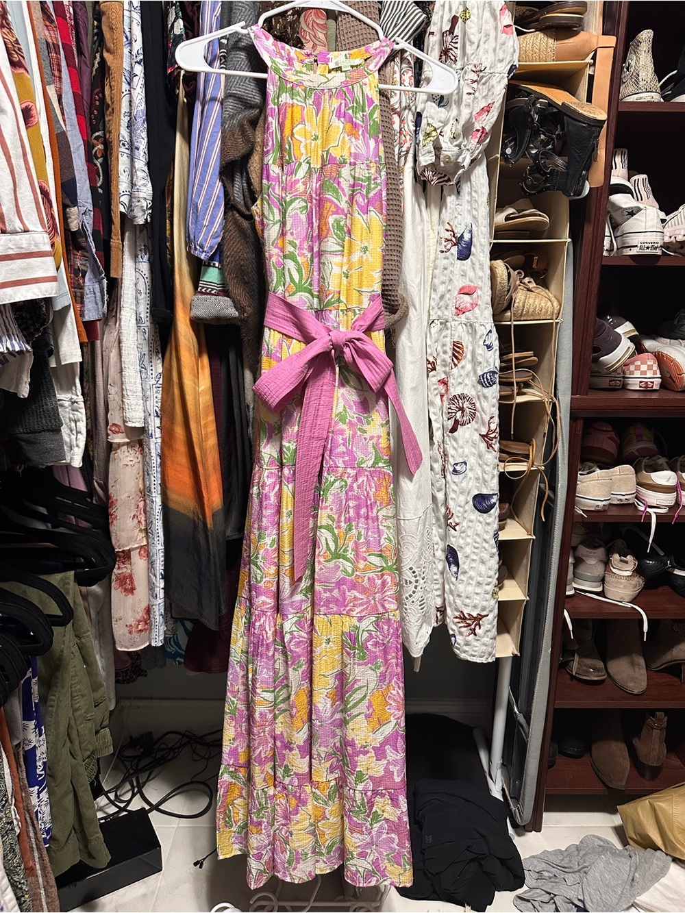 Floral Pink and Yellow Halter Maxi Dress with Waist Tie